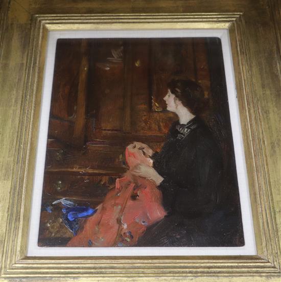 John Da Costa (1866-1931), Lady Sewing, gallery label verso, oil on board, 30 x 23cm